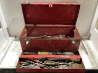 TOOL BOX W/ HACKSAW, SCREW DRIVER, WRENCH, VISE GRIPS, SOCKETS & MISCELLANEOUS