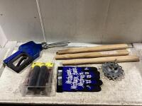 SHOP BOX W/ (3) WOODEN HANDLES, PUMP, MPC CONNECTORS, GLOVES & MISCELLANEOUS