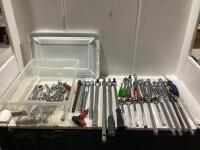 SHOP TOTE W/ RATCHETING WRENCHES, SCREW DRIVER, EXTENSION SOCKETS, SOCKETS & MISCELLANEOUS