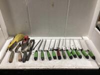 SHOP BOX OF ASSORTED TUCK POINTING TROWELS & MISCELLANEOUS
