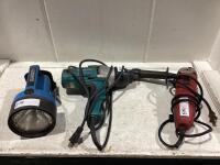 SHOP BOX OF TOOLS W/ MAKITA DRILL, GARRITY FLASH LIGHT & SKIL ANGLE GRINDER
