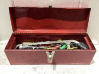 TOOL BOX W/ HACKSAW, SCREW DRIVERS, PILERS, WRENCHES & MISCELLANEOUS