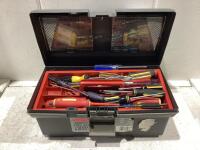 RUBBERMAID TOOL BOX W/ SCREW DRIVERS & MISCELLANEOUS