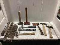 SHOP BOX OF TOOLS W/ HATCHET, ASSORTED FILES & HAMMERS