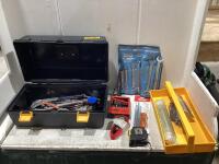 HOLT TOOL BOX W/ DRILL BITS, WRENCH, PILERS, MEASURING TAPE, HAMMER:& MISCELLANEOUS