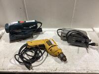 SHOP BOX OF CORDED TOOLS W/ PC-BAYONET SAW, DEWALT DRILL, BLACK & DECKER SANDER