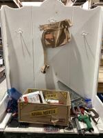SHOP BOX W/ RATCHET SOCKET SET, BRAD NAILER, STAPLERS, VOLTAGE TESTER & MISCELLANEOUS