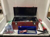 TOOL BOX W/ DRILL BITS, CHALKING GUN, SOCKETS, TAPE MEASURE, SCREW DRIVERS & MISCELLANEOUS