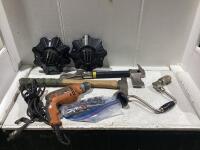 SHOP BOX W/ MONSTER WHEEL CAPS, AXE, PRY-AXE, RIDGID DRILL & MISCELLANEOUS