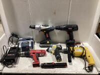 SHOP BOX OF ASSORTED TOOLS W/ (4) DRILLS, (1) HAMMER DRILL, (2) BATTERY CHARGERS & (3) BATTERIES
