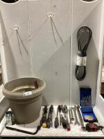 SHOP POT OF ASSORTED HAND TOOLS W/ SOCKETS, WRENCHES, SCREW DRIVERS, DRILL BITS, BELTS & MISCELLANEOUS