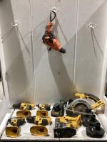 SHOP CRATE OF TOOLS W/ (4) BATTERY DRILLS, (1) CORDED DRILL, (1) JIG SAW, (1) CIRCULAR SAW, (2) BATTERIES & BATTERY CHARGER