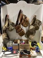 SHOP BOX W/ (3) TOOL BAG BELTS, PVC PIPE FITTINGS, ELETRICAL PARTS, DOOR KNOBS & MISCELLANEOUS