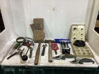 SHOP BOX W/ HAMMERS, PILERS, OIL WRENCHES, O-RING SET, SAND PAPER, WRENCH & MISCELLANEOUS