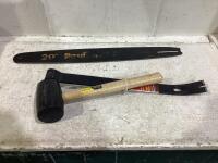 SHOP BOX W/ BENCHMARK PRY BAR, STANLEY RUBBER MALLET & 20" POULAN CHAINSAW BAR
