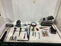 SHOP BOX W/ LATHE-TYPE RIDGE REAMER, GAUGE, HEX KEY SET, DIVIDERS, BEARING & MISCELLANEOUS