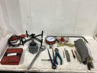 SHOP BOX W/ GAUGES, LATHE-TYPE RIDGE REAMERS, DIVIDERS, SPARK PLUG & MISCELLANEOUS