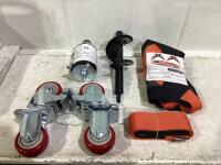 SHOP BOX W/ (4)ITEMS - BRIGGS STARTER, SWIVEL CASTOR WHEELS, AUGUR DRILL BIT & VEST STRAP