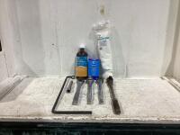 SHOP BOX W/ EYE WASH, PEROXYDE, COSMETIC PADS, RATCHET WRENCH & MISCELLANEOUS