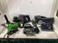 SHOP BOX OF TOOLS W/ BELT SANDERS, DRILL BIT SHARPENER, JIGSAW, DRILL & STOOL