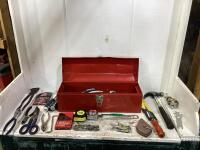 TOOL BOX W/ PILERS, MEASURE TAPES, HAMMER, DRILL BITS, DRYWALL JAB SAW, SCREWDRIVERS & MISCELLANEOUS