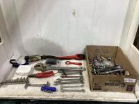 SHOP BOX OF MISCELLANEOUS W/ WRENCHES, PILERS, SOCKETS, DRILL BITS, BOX CUTTER & FIRST AID