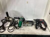 SHOP CRATE OF CORDED TOOLS W/ JIGSAW, GRINDER & (2) DRILLS