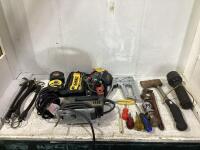 SHOP BOX W/ DEWAT JUMP STARTER BATTERY, BLACK & DECKER JIGSAW, SCREWDRIVERS, STAPLERS, WRENCH & MISCELLANEOUS