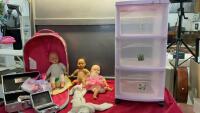 3-DRAWER PLASTIC ORGANIZER, HELLO KITTY SUITCASE, DOLLS, TRINKET CASES