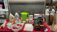 BOX MISC HOUSEHOLD ITEMS - TUPPERWARE JUG, CHOCOLATE MELTER, B&D ELECTRIC CAN OPENER,