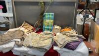 BOX W/ TEA TOWELS, MISC SHEETS & BED SKIRT, A FEW PEACOCK FEATHERS, NORWEX CLOTH