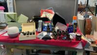 BOX OF BEAUTY PRODUCTS, COLLAPSIBLE BASKETS, ASSORTMENT OF DOTERRA ESSENTIAL OILS & DIFFUSERS,