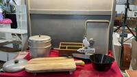 BOX W/ STEAMER POT, COOKIE SHEET, WOOD &ldquo;WELCOME&rdquo; ROOSTER, WOOD CUTTING BOARD,