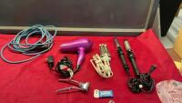 BOX W/ CURLING IRONS, BLOW DRYER, EXTENSION CORDS, MANUAL CLIPPERS, RAZOR BLADES