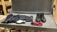 BOX OF SOCCER CLOTHING SIZE (S) AND A PAIR OF CLEATS SIZE (9.5), PAIR OF GLOVES