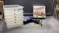 PLASTIC STORAGE DRAWERS, CANADIAN TRIVIA BOARD GAME, SUNBEAM HAIR DRYER
