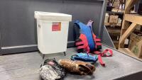 PLASTIC GARBAGE CAN WITH SMALL LIFE VEST AND (3) SMALL BASEBALL GLOVES