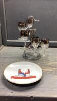 METAL STAND WITH SILVER WINE GLASSES + DECANTER