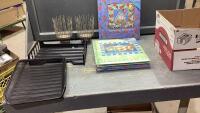 BOX W/PHOTO BOOKS, FILE HOLDERS, (2)METAL CANDLE HOLDERS