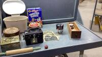 TOTE W/HEIRMAN RACING PIGEION TIMER, FROSTED FLAKES BRETT HULL, TINS, ROLLING PIN, ROUND WOOD BOX, STEREO SCOPE CARDS