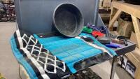 FEED TUB W/GROOMING ITEMS, HAY NET, SADDLE PAD, SPURS