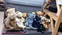 ASSORTMENT OF PLUSH TEDDY BEARS W WOODEN FURNITURE