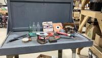 STAMP HOLDER W 2 STAMPS, ESSO SPRAYER, VOLTMETER, IRON, POP BOTTLES, KNIFE, 45 RECORDS, OTHER MISCELLANEOUS ITEMS