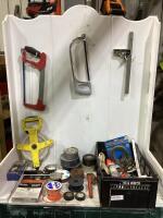 CRATE W/ HACKSAWS, DUCT TAPES, OIL WRENCH, SPONGE RUBBER TOILET BOWL & MISCELLANEOUS