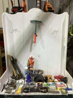 CRATE W/ STAPLERS, STAPLES, HOSE, CLAMPS, HATCHETS, DRILL BITS, HEX KEY SET & MISCELLANEOUS