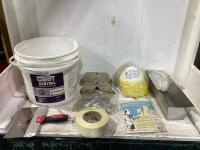 SHOP BUCKET W/ SAFETY GLASSES, GOGGLES, MASKS, DROP SHEET & MISCELLANEOUS