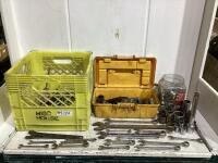 SHOP CRATE W/ WRENCHES, SOCKETS, PILER, SCREWDRIVERS & MISCELLANEOUS SAE/METRIC