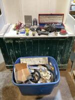 SHOP TOTE OF MISCELLANEOUS W/ SOCKET SET, ANGLE GRINDER, BATTERY, WIRE BRUSH WHEEL & SMALL PAINT ROLLER