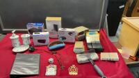BOX W/ HONEYWELL PORTABLE WIRELESS DOORBELL, ALARM CLOCKS, BATHROOM SET, SMALL SQUEEGEE, INDEX CARDS