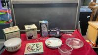 BOX W/ PFALTZGRAFF SS BOWLS, IRON, EGG COOKER, METAL TRIVET, PIE PANS, CUISINART HAND MIXER